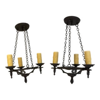 Early 20th Century A Pair of San Pettrini Cast Iron Chandeliers in Oil Rubbed Bronze Finish. For Sale
