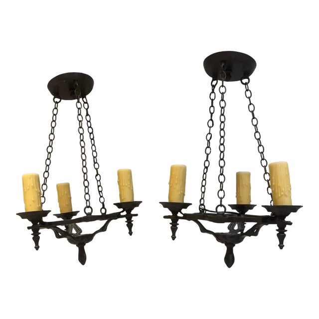 Early 20th Century A Pair of San Pettrini Cast Iron Chandeliers in Oil Rubbed Bronze Finish. For Sale