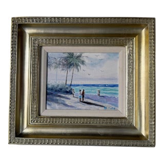 Vintage H. Cole Impressionist Tropical Beach Scene Oil on Canvas Painting, Framed For Sale