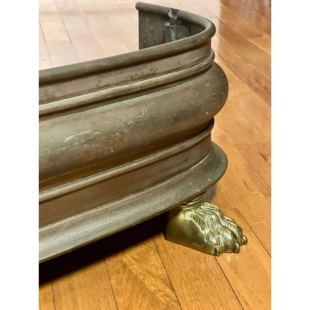 Brass 19th Century English Patinated Steel and Brass Fireplace Fender With Paw Feet For Sale - Image 8 of 11