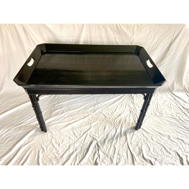 Wood Vintage Baker Furniture Faux Bamboo With Fretwork Asian Chinoiserie Tray Table For Sale - Image 7 of 11