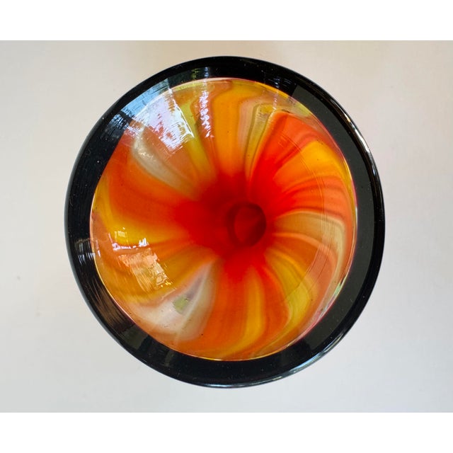 Glass Late 20th Century Badash Hand Blown Art Glass Rainbow Stripe Vase Black Rim 9" Colorful For Sale - Image 7 of 10