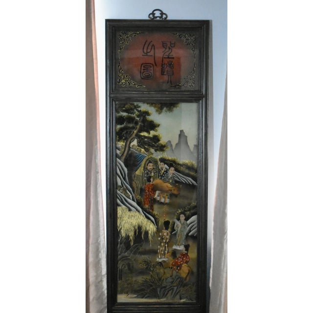 Black Reverse Painted Wall Plaque on Glass Antique Asian Three Section Vertical For Sale - Image 8 of 12