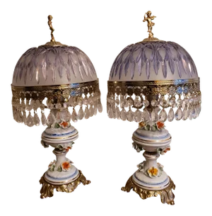 Vintage Italian Empire Porcelain, Crystal, Brass and Glass Cut Table Lamps - a Pair