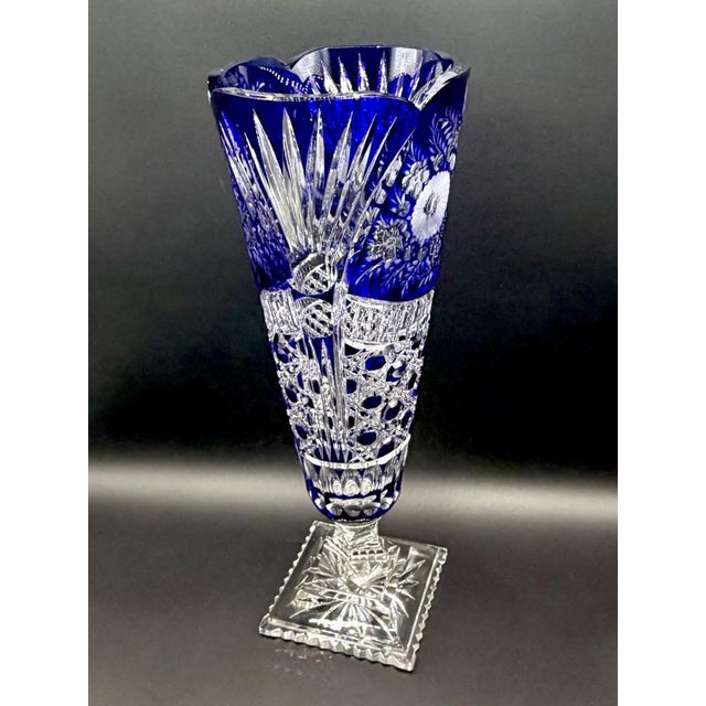 Vintage Crystal Cobalt Blue Overlay Cut Crystal Vase from Meissen, 1960s For Sale - Image 14 of 18