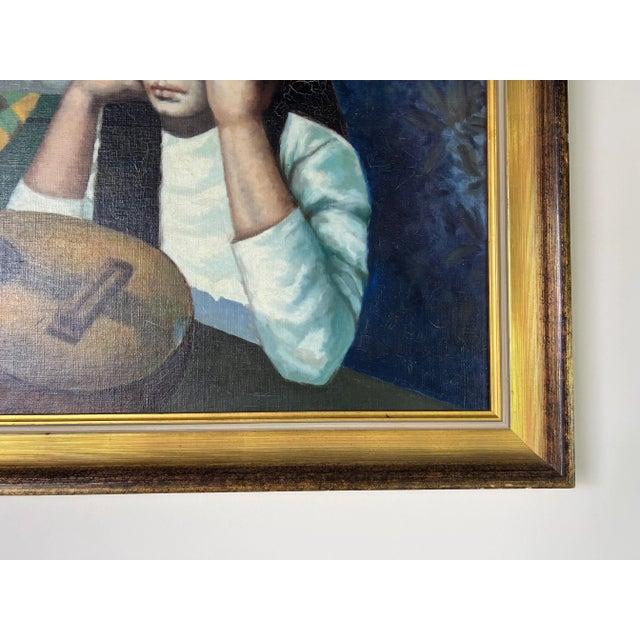 Wood 1960's Abati Young Woman With Mandolin Oil Painting, Framed For Sale - Image 7 of 13