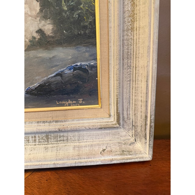 Description: Oil on canvas, two children walking a forest path toward a sunlit clearing. Signed "Langdon J." and dated...