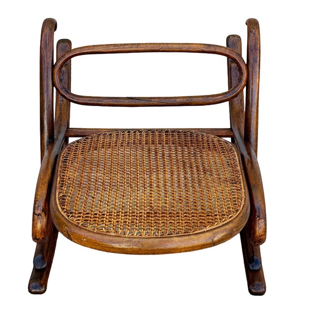 Wood Antique Vienna Secession Light Bent Oak & Caine Rocking Foot Stool Attributed to Thonet No.7001 For Sale - Image 7 of 8