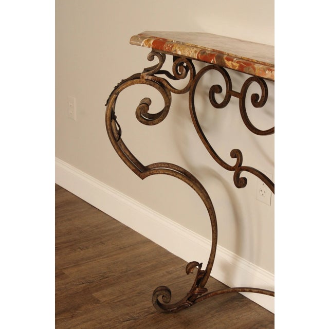 Bronze Mid 20th Century Rococo Style Custom Wrought Iron Marble Top Console Table For Sale - Image 8 of 12