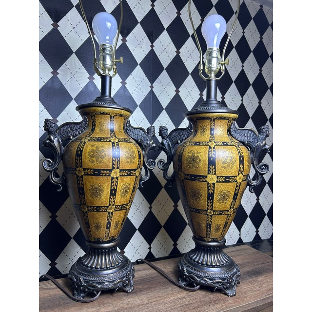 Vintage Neoclassical-Style Figural Urn Table Lamps With Winged Figures - Pair For Sale - Image 15 of 18