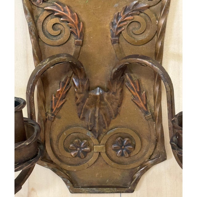 Pair of Folk Art Engraved & Applied Style Four Light Copper Candle Sconces For Sale - Image 12 of 12