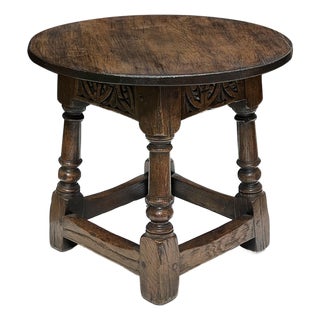 English Jacobean Style Circular Carved Oak Side Table/Joint Stool For Sale