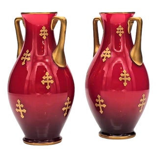 Baccarat Red Baluster Vases in Golden Decor, 1880s, Set of 2 For Sale