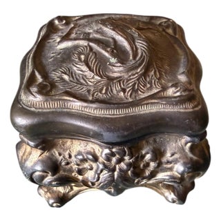 Antique Art Nouveau Bronze Jewelry Casket With Bird & Floral Relief For Sale