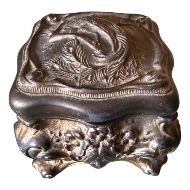 Antique Art Nouveau Bronze Jewelry Casket With Bird & Floral Relief For Sale