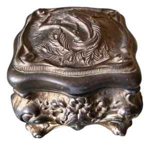 Antique Art Nouveau Bronze Jewelry Casket With Bird & Floral Relief