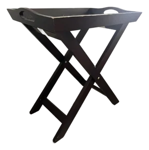 1980s Dark Wood Folding Butler Tray Table Woven Bamboo Inlay Removable Serving Tray