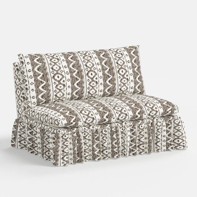 Wood Capra Ruffle Settee in Linny Ikat Brown For Sale - Image 7 of 7
