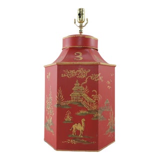 Red Vintage Export British Tea Can Hand-Painted Chinoiserie Hexagonal Table Lamp For Sale