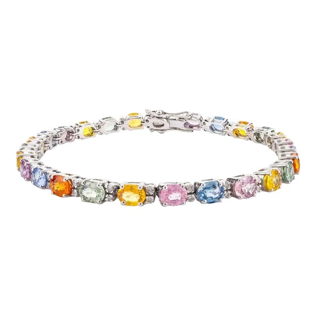 18k White Gold 13.03 Ctw Multi Sapphire Diamond Tennis Bracelet For Sale