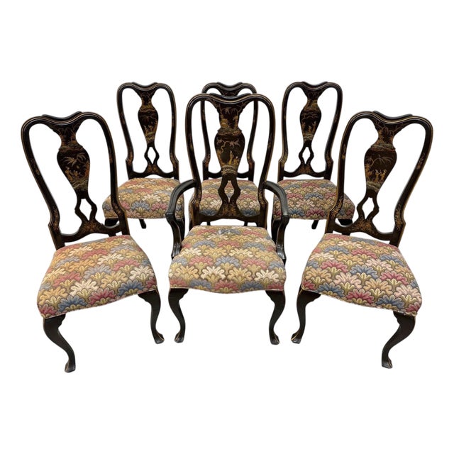 Antique Chinoiserie Paint Decorated Dining Chairs - Set of 6 For Sale