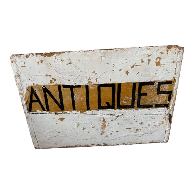 Vintage Double-Sided Hand-Painted Wooden “Antiques” Trade Sign For Sale