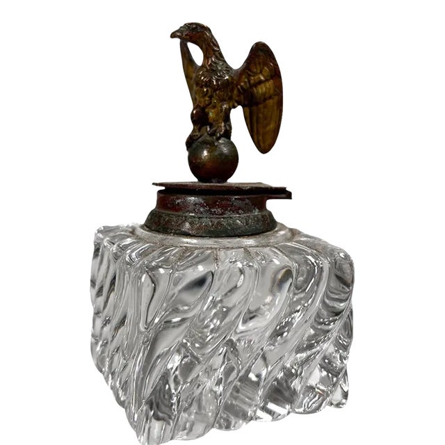 Antique Vintage Cut Crystal Inkwell Brass Eagle Top For Sale