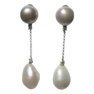 Italian Grey and White Pearl Diamond White Gold Dangle Earrings, Pair For Sale