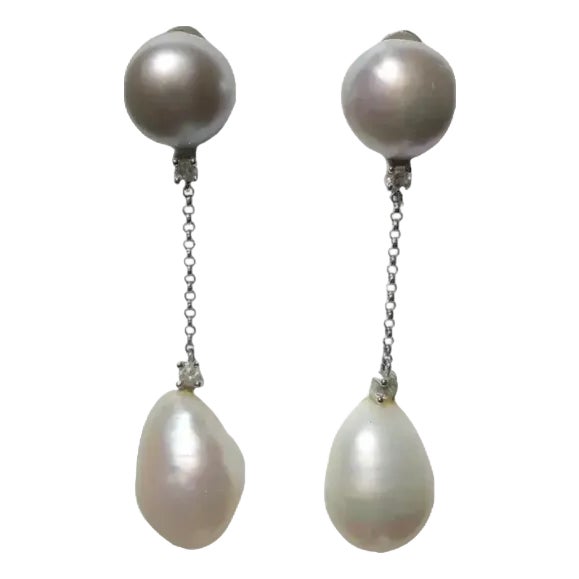 Italian Grey and White Pearl Diamond White Gold Dangle Earrings, Pair For Sale