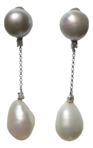 Late 20th Century Italian Grey and White Pearl Diamond White Gold Dangle Earrings, Pair