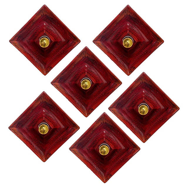 Red Square Ceramic Wall Lights attributed to Hustadt Keramik, Germany, 1970s, Set of 6 For Sale
