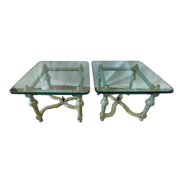 Hollywood Regency Style Hand Painted Glass Top End Tables - a Pair For Sale