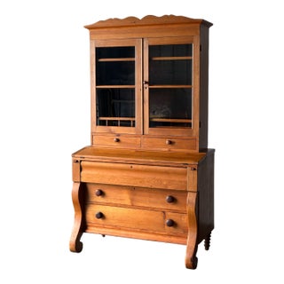 Pine Fall-Front Secretary Desk With Glass-Front Bookcase, Circa 1840s For Sale