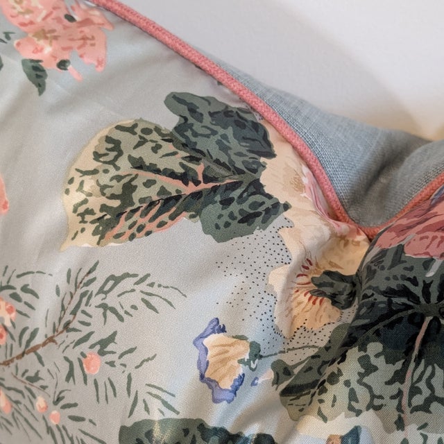 Lee Jofa Althea floral chintz in river colorway (light aqua background), with blush cord and coordinating aqua linen back....
