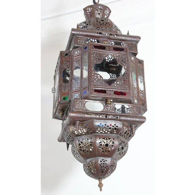Vintage Moroccan Handcrafted Lantern Ceiling Light With Multi-Color Glass For Sale - Image 9 of 12