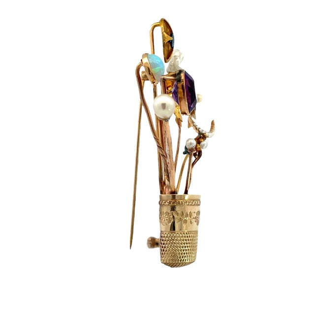 Vintage Multi Gem Gold Flower Vase Brooch With Pearl, Opal, Citrine & Sapphire For Sale - Image 4 of 8