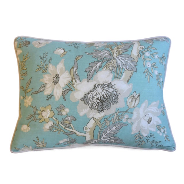 Custom-tailored pillow in Thibaut "Nemour" aqua and white linen fabric. Cream cotton-velvet fabric back. Custom cord trim....