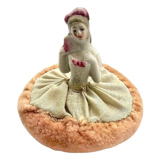 Mid 20th Century German Porcelain Boudoir Doll Powder Puff Pin Cushion For Sale