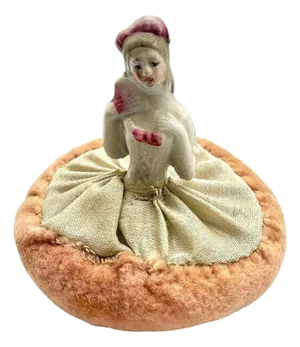 Mid 20th Century German Porcelain Boudoir Doll Powder Puff Pin Cushion
