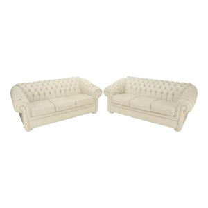 Pair of Off-White Leather Upholstery Tufted Chesterfield Sofas Couches