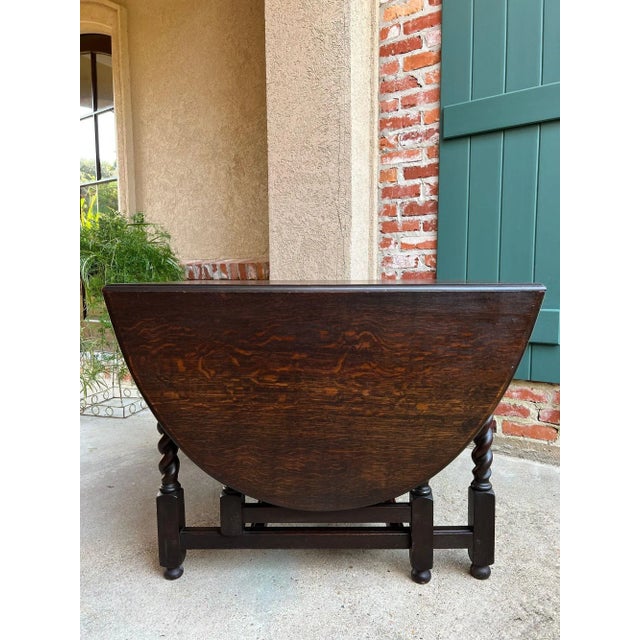 English Antique English Drop Leaf Sofa Kitchen Table Barley Twist Tiger Oak Gate Leg For Sale - Image 3 of 18