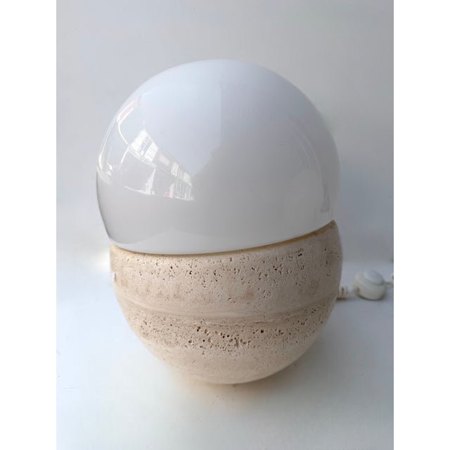 1980s Pair of Travertine and Opaline Glass Culbuto Lamps Italy, 1980s For Sale - Image 5 of 12