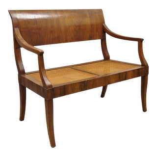 Early 20th Century Antique Italian Biedermeier Style Elm Wood Cane Seat Walnut Bench Settee For Sale