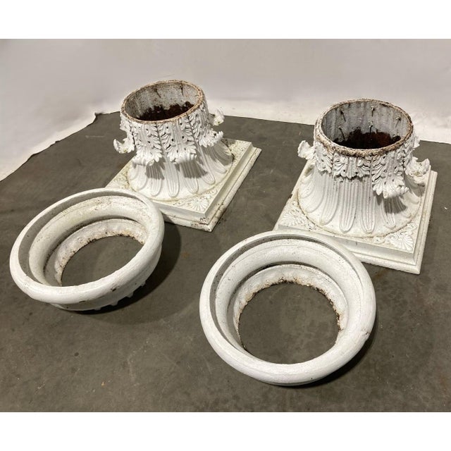 Pair of White Cast Iron Corinthian Column Planters, 22” Diameter For Sale In Raleigh - Image 6 of 7
