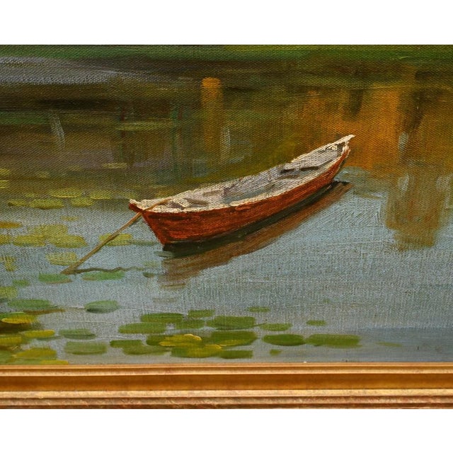 Gorgeous antique French oil painting depicting a very idylic river scene The punt / boat is depicted in the foreground...