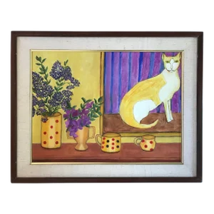 Vintage Modern Interior Painting of a Cat With Lilacs & Purple Clematis, Framed