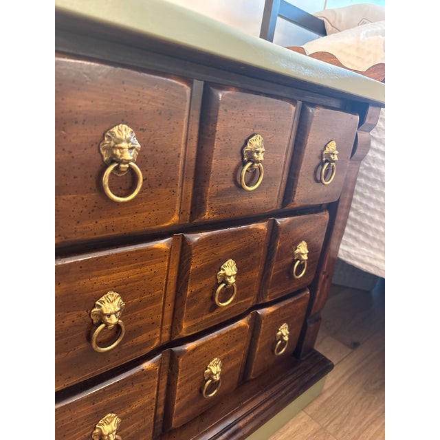 Asparagus Vintage Lion 3-Drawer Nightstand - Dark Wood, Olive Sage Green, Gold Pulls For Sale - Image 8 of 12