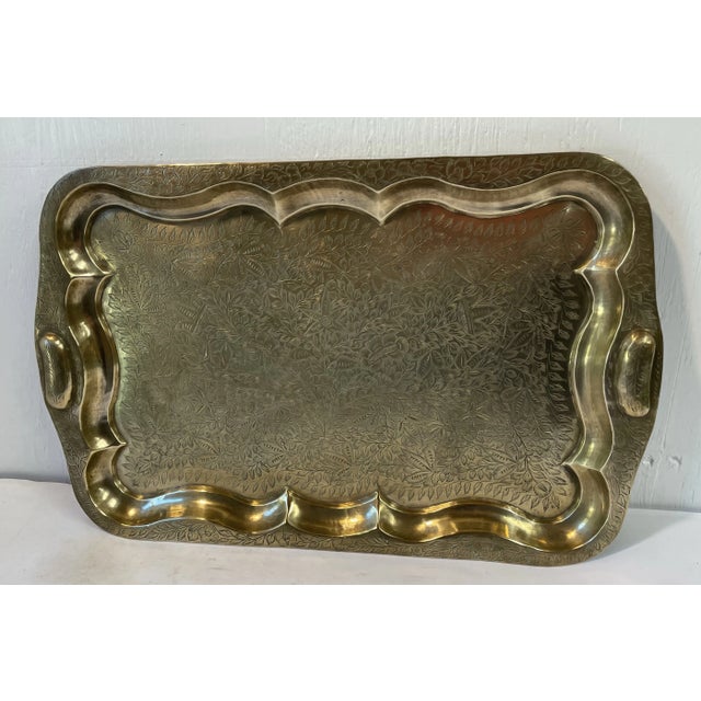 Vintage Brass Scalloped Edge Etched Tray For Sale - Image 4 of 12