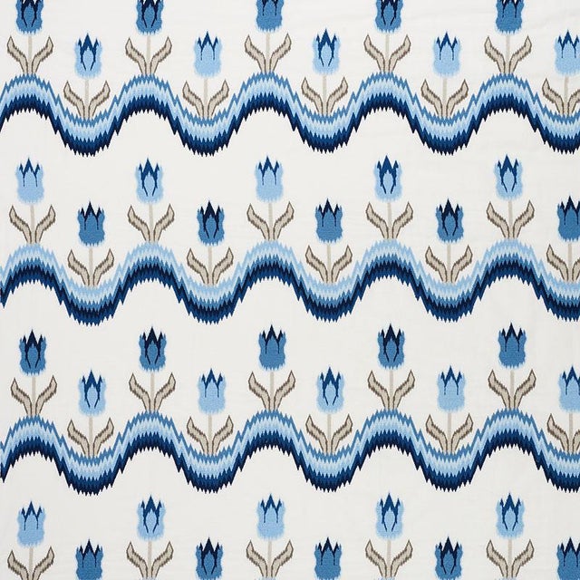 Farmhouse Sample - Schumacher Tulip Flamestitch Embroidery Fabric in Blue For Sale - Image 3 of 3