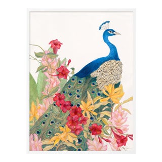 Peacock Paradise by Allison Cosmos in White Framed Paper, Medium Art Print For Sale